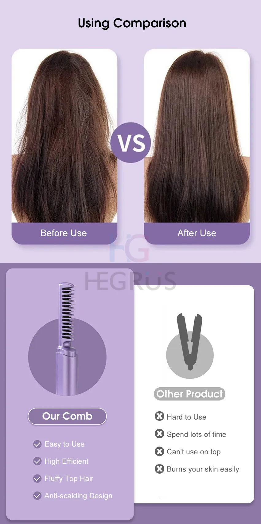 HEGRUS hair straightener comb 2 in 1 Mini Straight